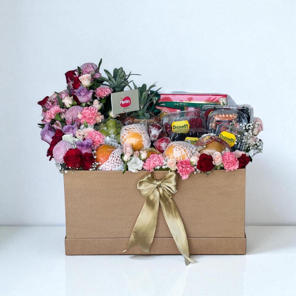 Grand Luxe Gift Box of Premium Fruit Chocolates and Fresh Flowers