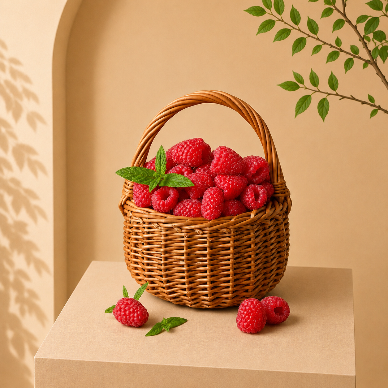 Premium raspberry basket filled with fresh juicy raspberries in an elegant wicker basket, beautifully presented for luxury healthy gifting in Dubai and UAE.