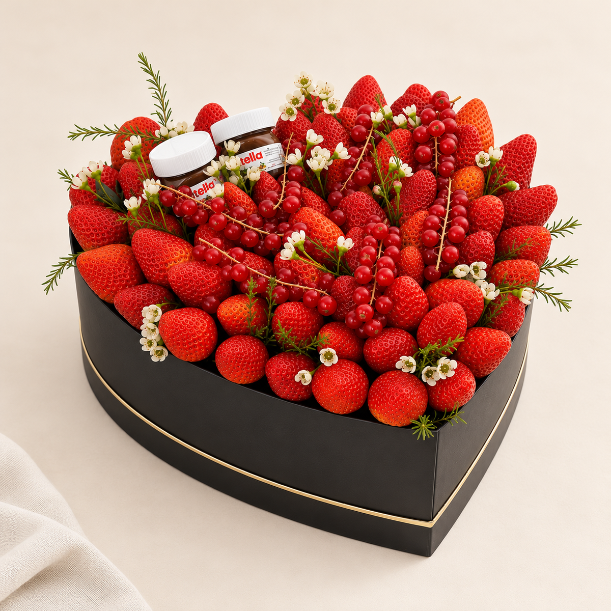 Strawberry Indulgence Box: heart-shaped box of strawberries, red currants and Nutella, by Fruitify Dubai