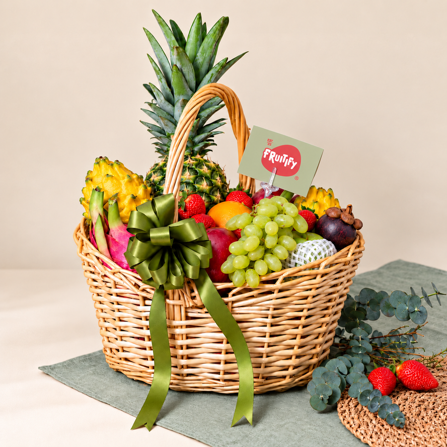 Basket of Exotic Fruits 6kg with pineapple, mangosteen, dragon fruit and yellow pitahaya, by Fruitify Dubai
