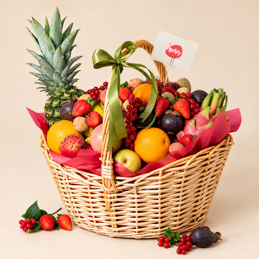 Premium Celebration Basket 6kg with pineapple, strawberries, dragon fruit and exotic fruits, by Fruitify Dubai