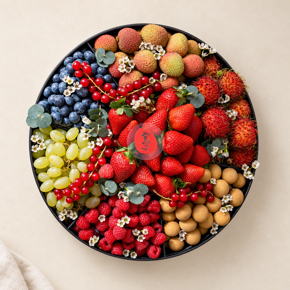 Seasonal Luxe Exotic Fruit Box with berries, rambutan, longan, lychee and grapes, by Fruitify Dubai