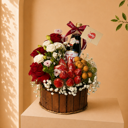 Basket of Fresh Flowers,Fruits and Vimto