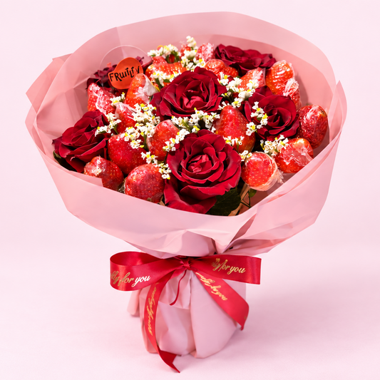 Rose & Strawberry Love Bouquet with fresh red roses and strawberries, by Fruitify Dubai