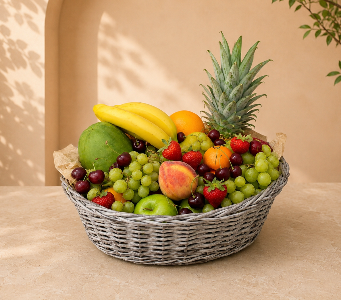 Affordable mixed fruit basket with pineapple, strawberries, grapes, bananas, cherries, apples, peaches, and citrus fruits in an elegant woven basket on a beige luxury background in Dubai.