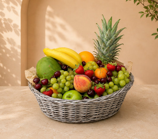 Affordable mixed fruit basket with pineapple, strawberries, grapes, bananas, cherries, apples, peaches, and citrus fruits in an elegant woven basket on a beige luxury background in Dubai.