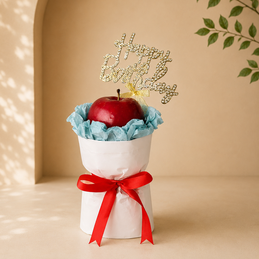 Mini Birthday Apple Bouquet with fresh apple and Happy Birthday topper for affordable same-day birthday gifting in Dubai by Fruitify.