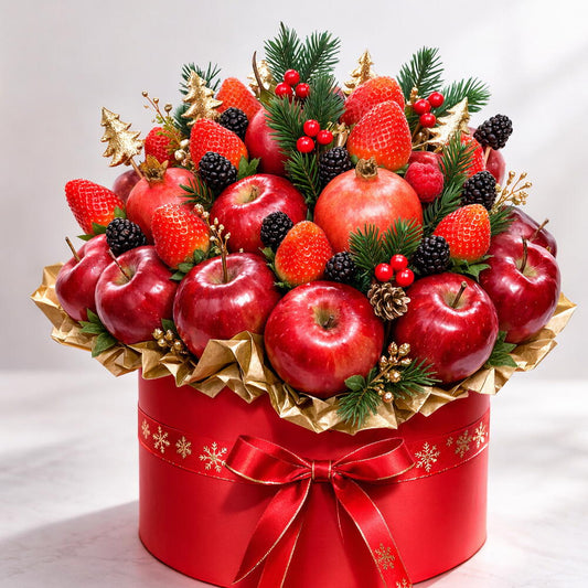Decorative fruit and berry arrangement in a red box with a gold bow on a white background