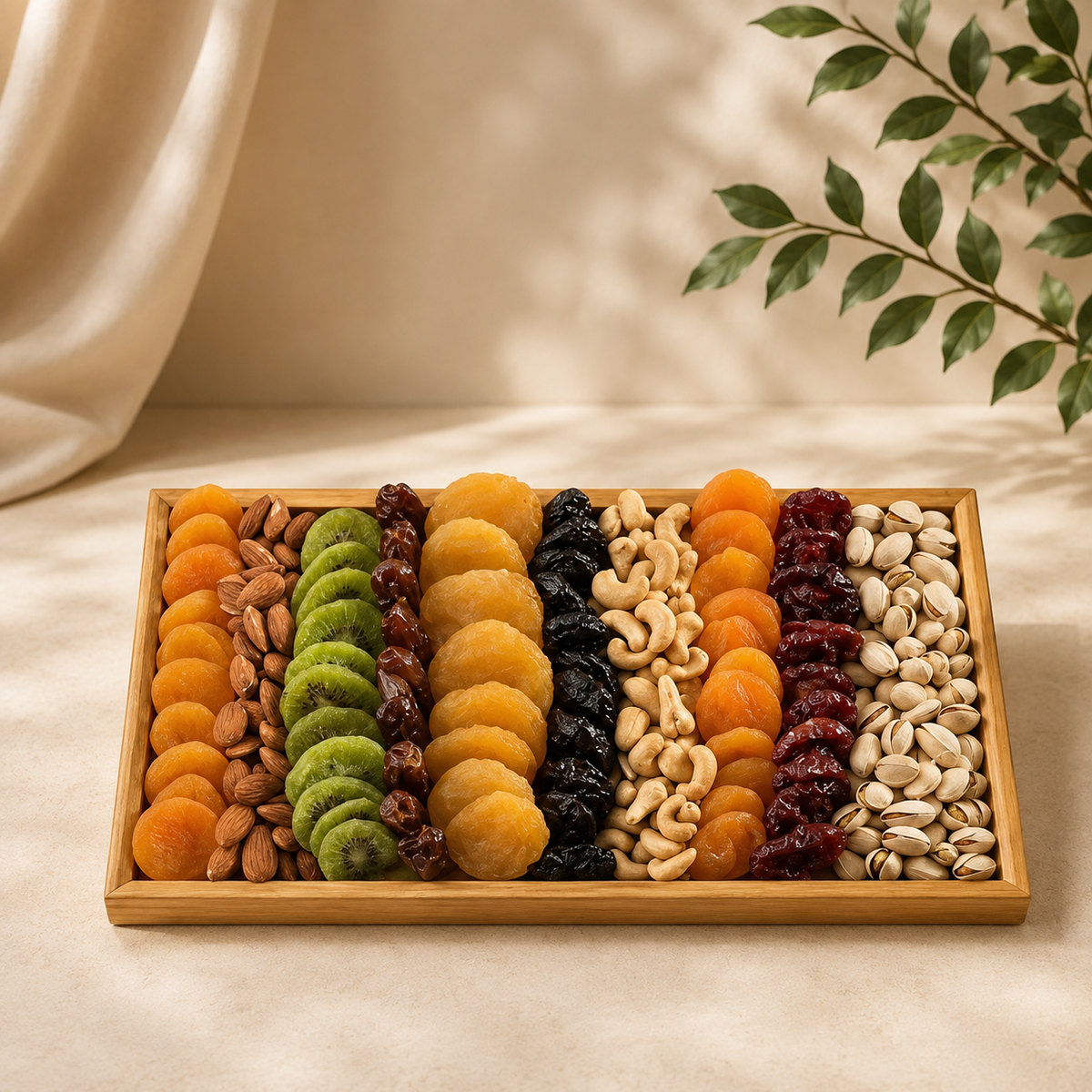 Premium dried fruit and nuts gift tray with dates, dried mango, apricots, almonds, cashews and pistachios for gifting in Dubai.