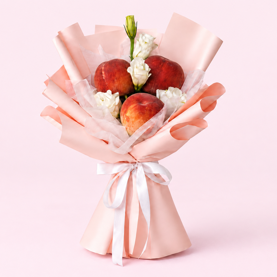 Cute Peach Bouquet with fresh peaches and white roses, by Fruitify Dubai