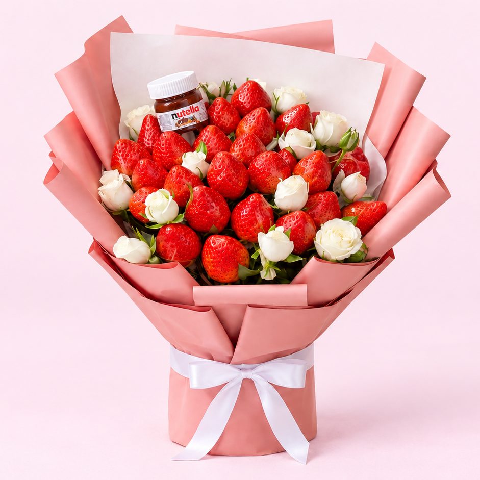 Strawberry Nutella Bouquet with fresh strawberries, a jar of Nutella and baby roses, by Fruitify Dubai
