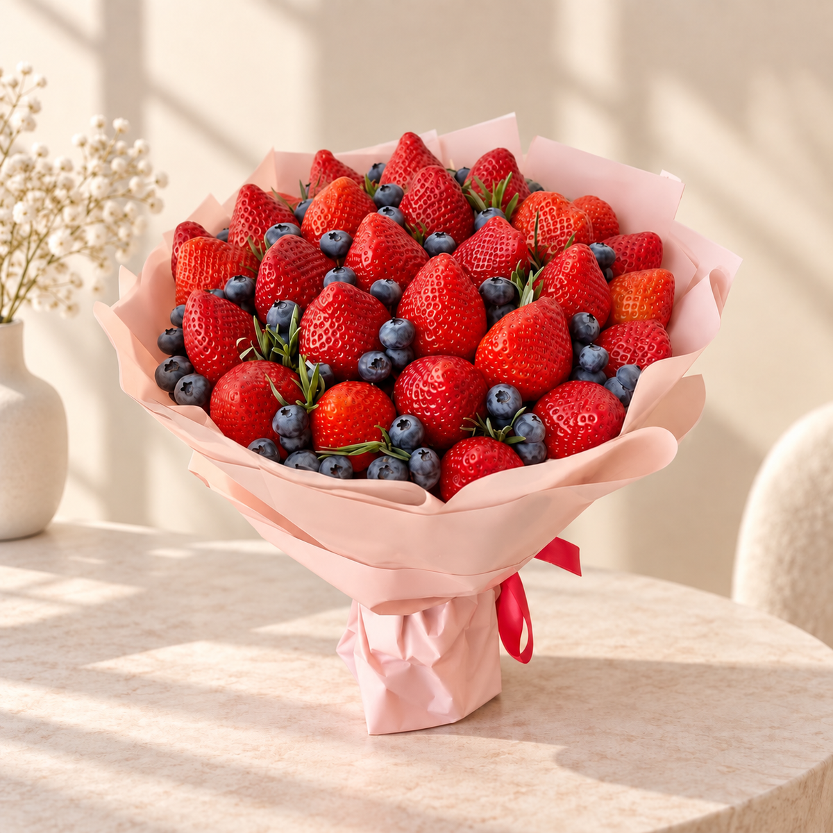 A bouquet-style arrangement of fresh strawberries and blueberries wrapped in pale pink paper and tied with a red ribbon, set on a light beige table in a softly lit indoor setting.