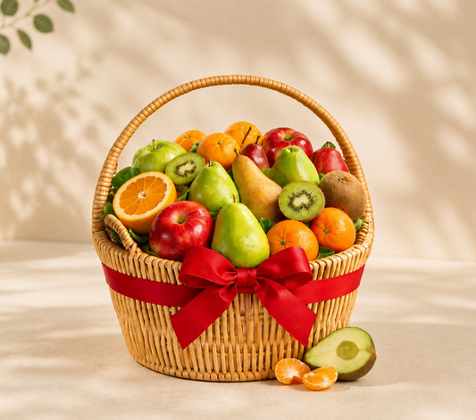 Affordable fresh fruit basket with apples, pears, kiwi, oranges, and seasonal fruits in an elegant wicker basket with a red ribbon, perfect for healthy gifting in Dubai.