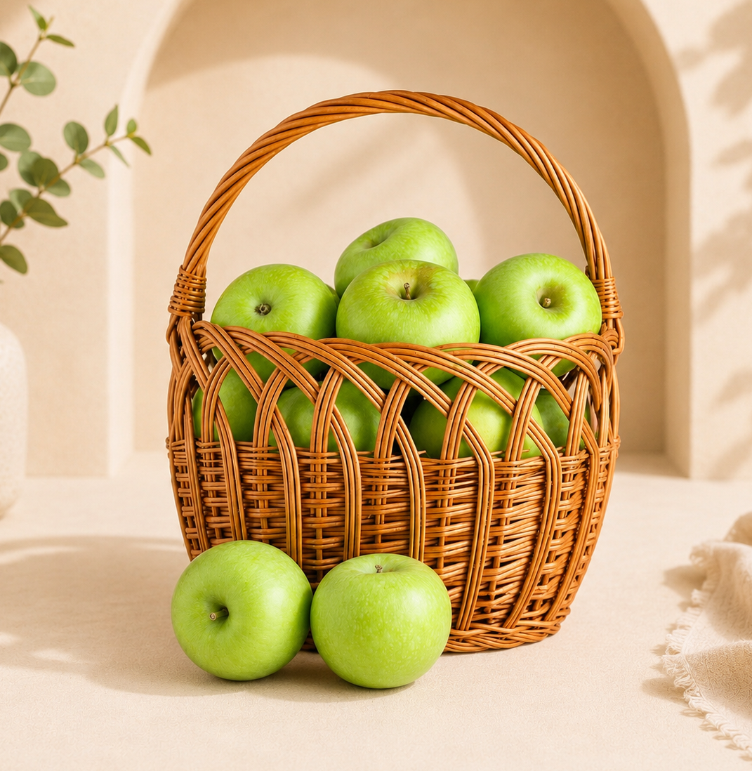 Granny Smith Apple Basket 5KG filled with fresh premium green apples in a wicker basket for healthy gifting in Dubai UAE.