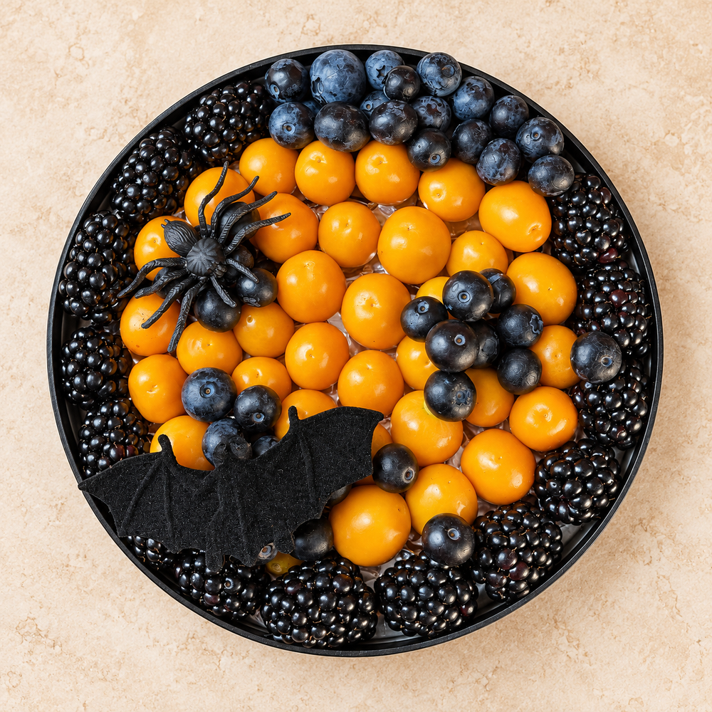A Halloween-themed fruit platter in a black round tray, featuring orange mandarin oranges, blackberries, blueberries, and black raspberries, decorated with a black plastic spider and a black felt bat on a beige stone background.