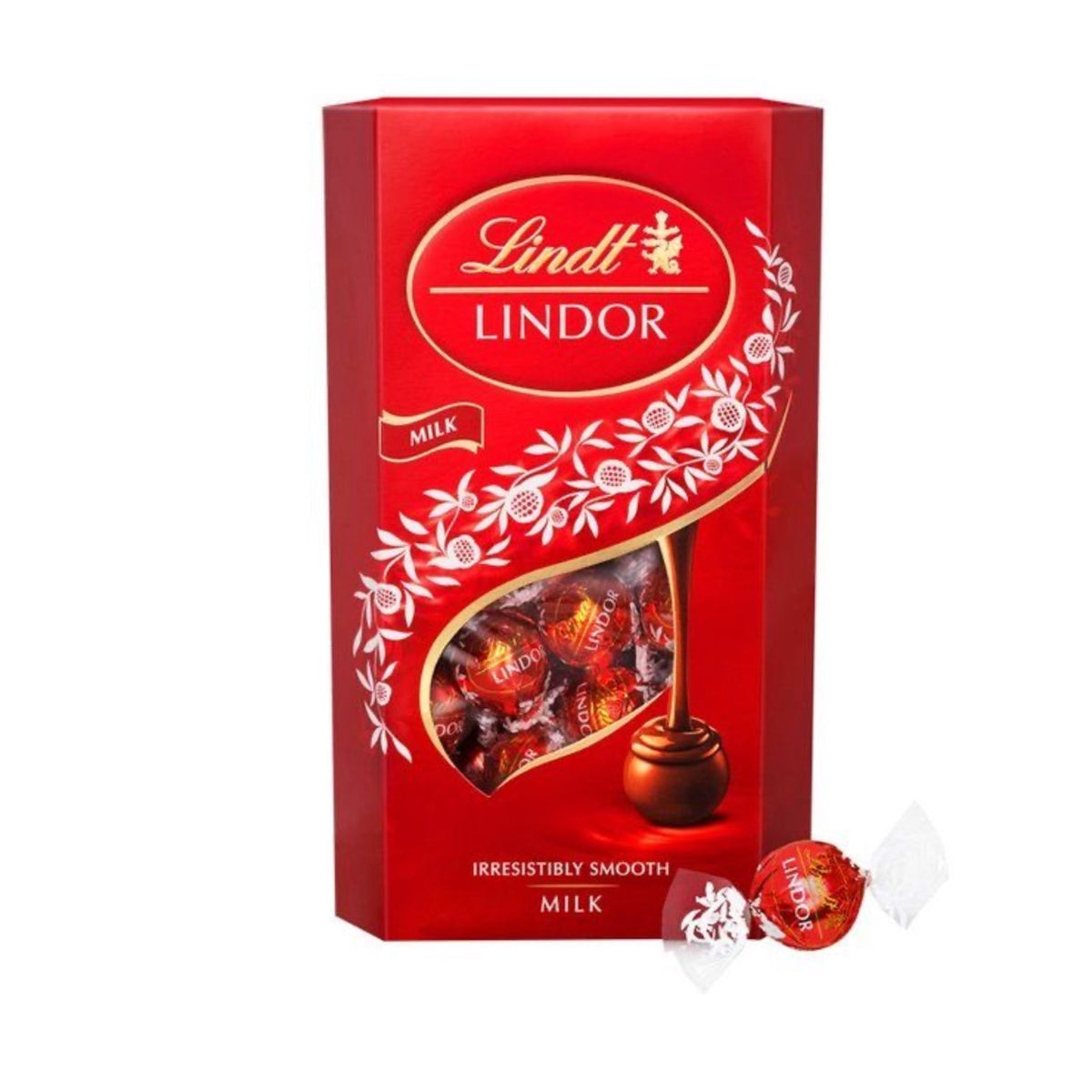 Red Lindt Lindor chocolate box on a white background
