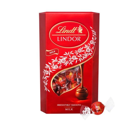 Red Lindt Lindor chocolate box on a white background