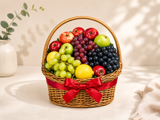 Affortable Fruit basket with a red ribbon on a light background