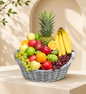 Luxury fresh fruit basket with pineapple, grapes, apples, oranges, kiwi, bananas, and pears in premium fruit basket basket