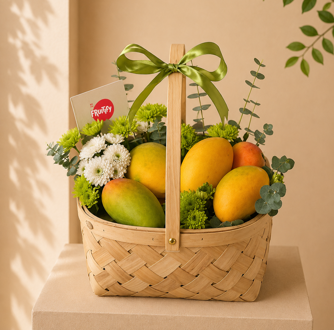 Premium mango basket featuring fresh seasonal mangoes and elegant flowers in a handcrafted wooden basket, perfect for healthy gifting and same-day delivery in Dubai