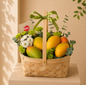 Premium mango basket featuring fresh seasonal mangoes and elegant flowers in a handcrafted wooden basket, perfect for healthy gifting and same-day delivery in Dubai