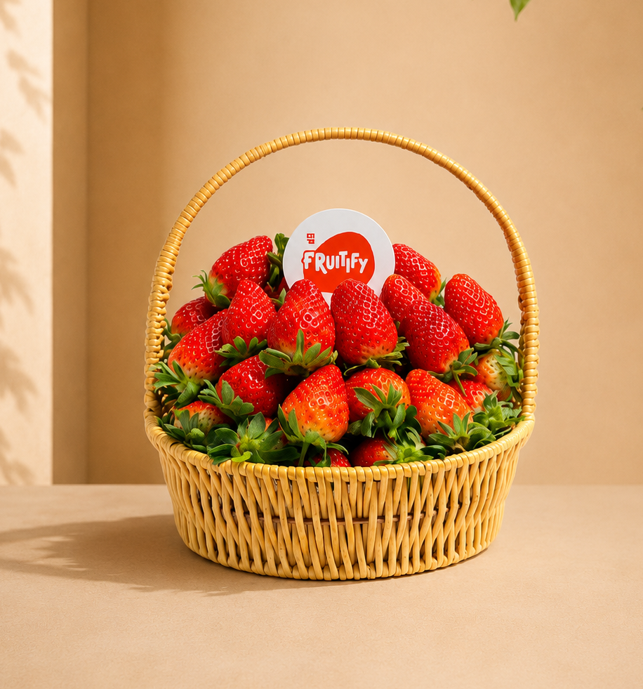 Premium strawberry gift basket filled with fresh handpicked strawberries in an elegant wicker basket, perfect for healthy gifting and same-day delivery in Dubai and UAE.