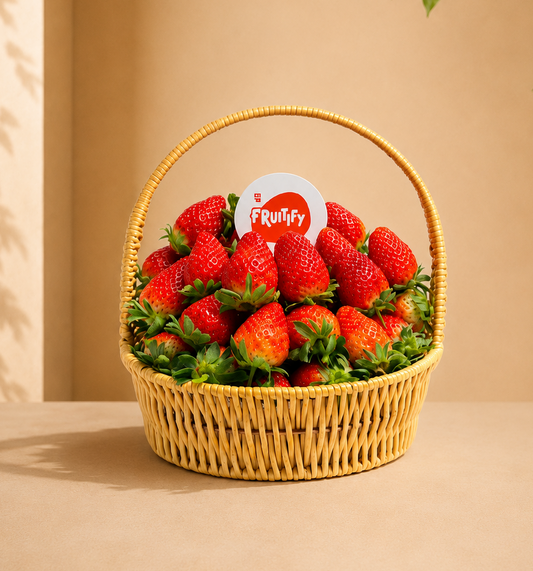 Premium strawberry gift basket filled with fresh handpicked strawberries in an elegant wicker basket, perfect for healthy gifting and same-day delivery in Dubai and UAE.