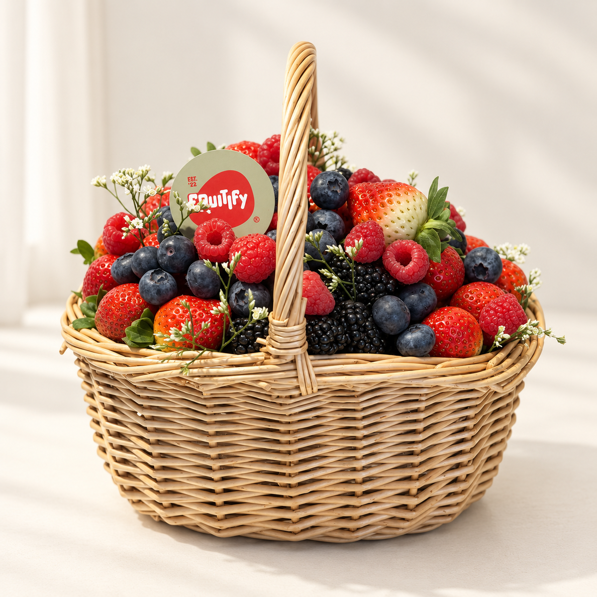 A wicker basket filled with fresh berries, including strawberries, blueberries, raspberries, and blackberries, with a small round tag that reads 'the squigly'.