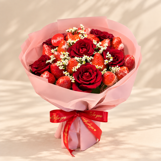 Fresh strawberry and red rose love bouquet Dubai
