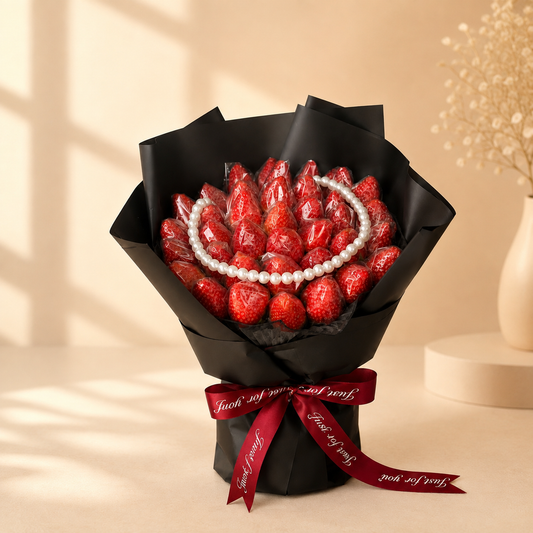 Fresh strawberry bouquet with pearl detailing, black wrapping and red ribbon for same-day gift delivery in Dubai by Fruitify.