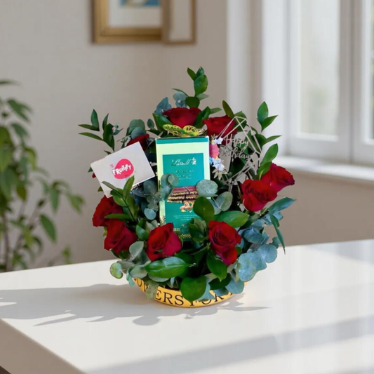 Bouquet of Lindt Dubai Chocolate and Red Roses