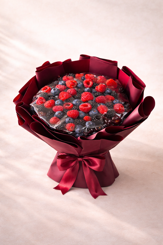 Berry-topped cake in a red floral arrangement on a light background