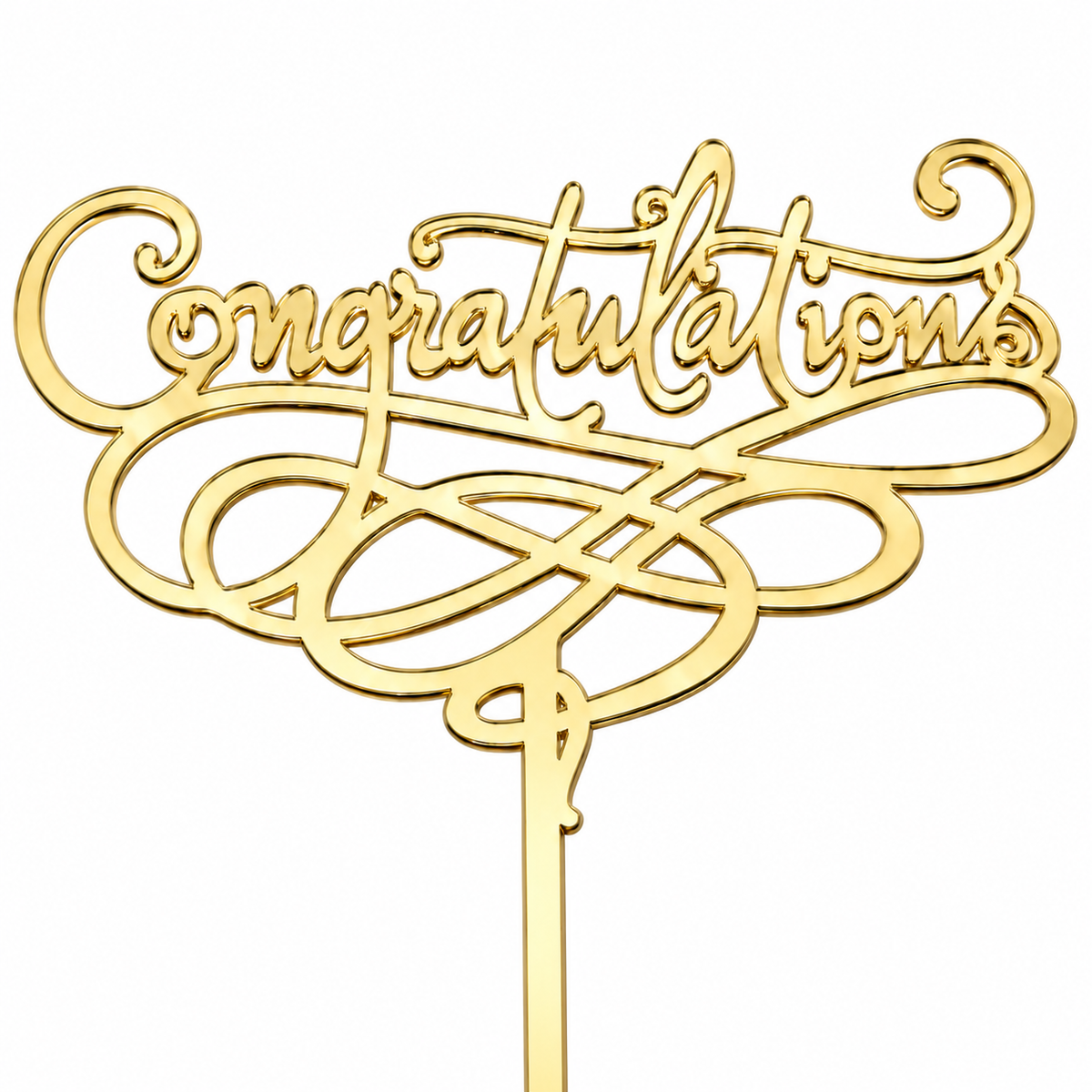 Gold metal 'Congratulations' cake topper with an elegant cursive script and decorative swirls, shown on a plain white background.