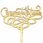 Gold metal 'Congratulations' cake topper with an elegant cursive script and decorative swirls, shown on a plain white background.