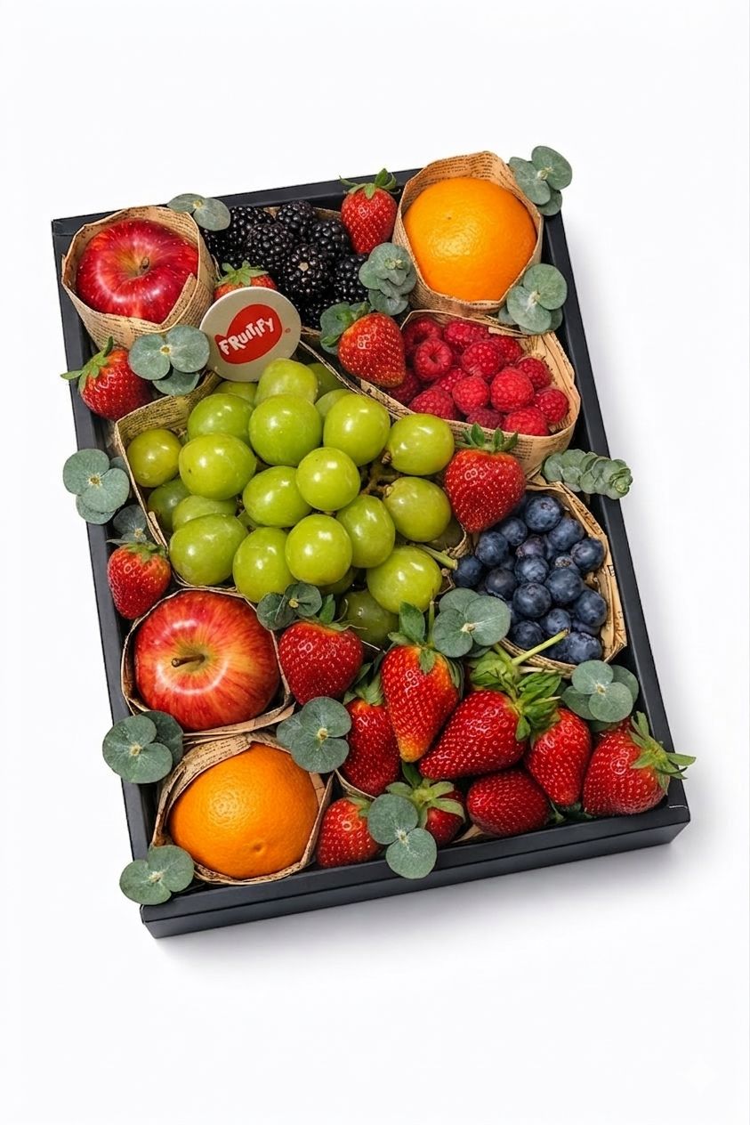 Assorted fruits including apples, oranges, grapes, and berries arranged in a decorative box.