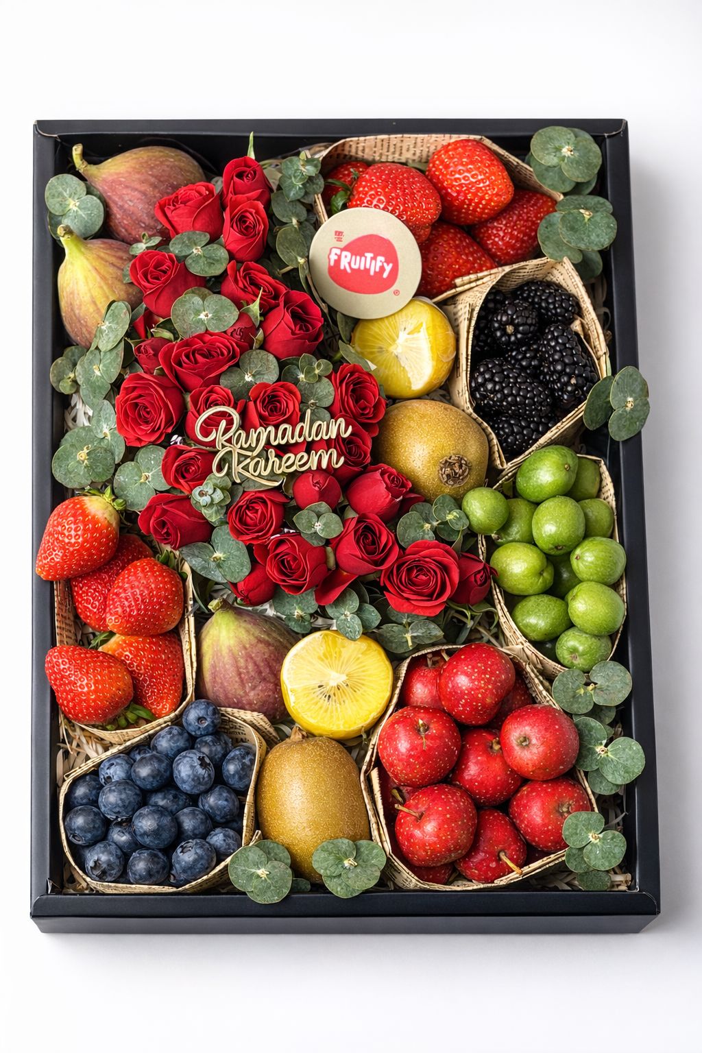 Fruit and flower arrangement with 'Ramadan Kareem' text on a white background