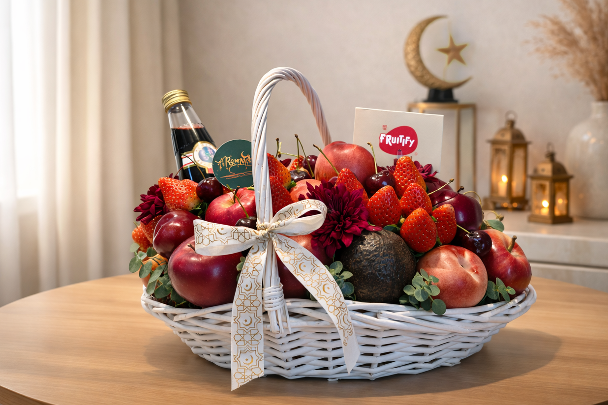 Fruit basket with a bottle of wine on a table in a room with decor elements.