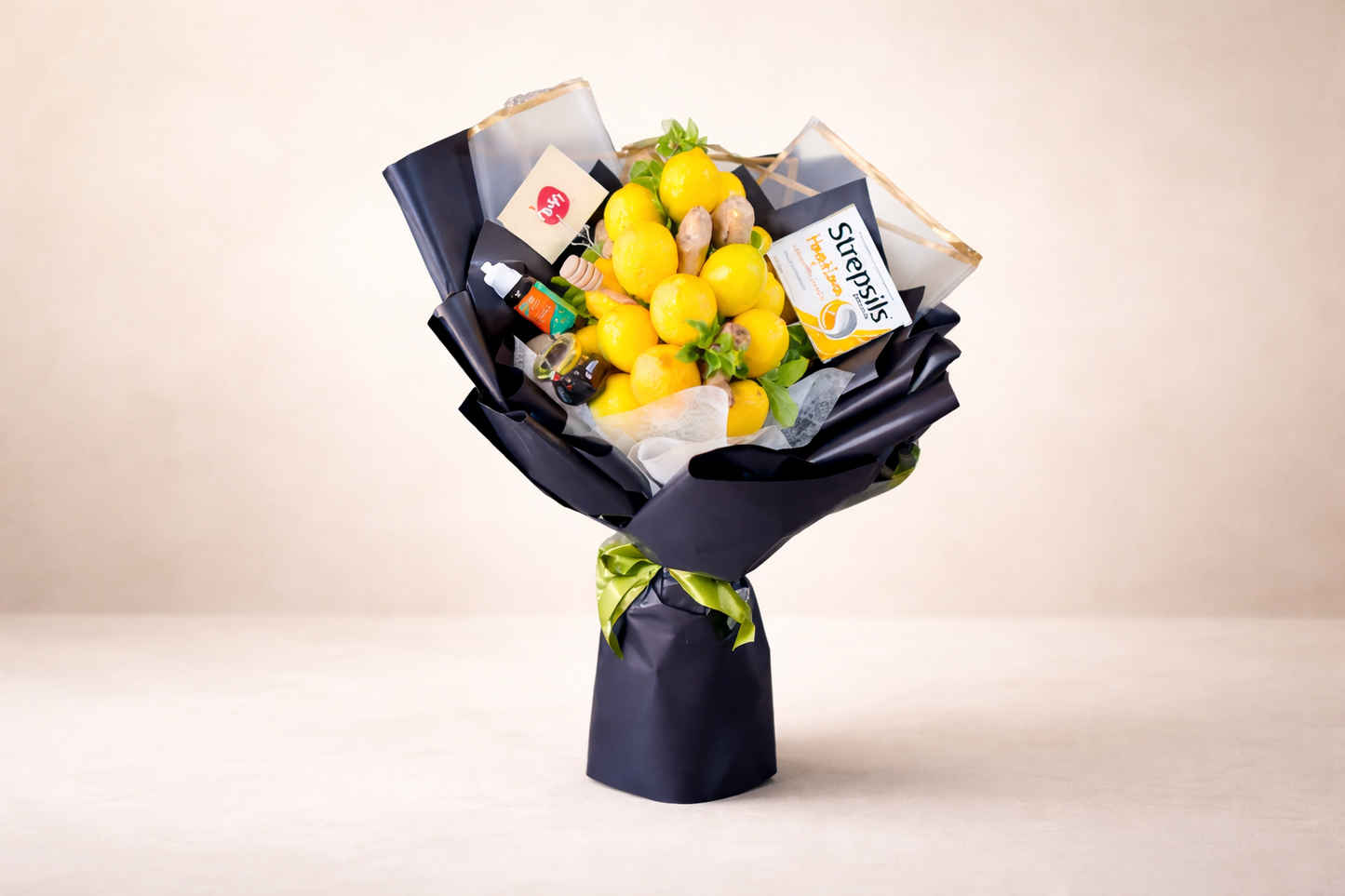 Bouquet of lemons and limes with Shepherd's labels on a beige background