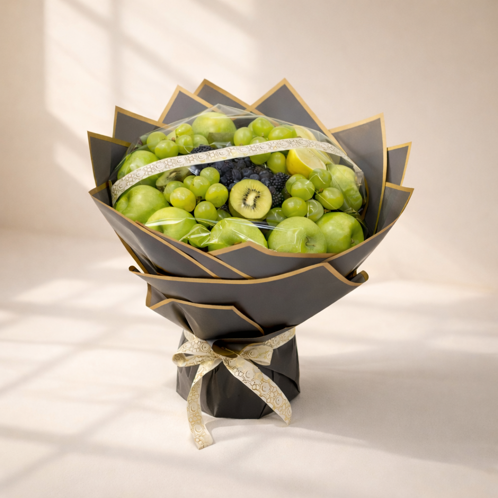 Bouquet of green fruits wrapped in black paper with a gold ribbon on a light background