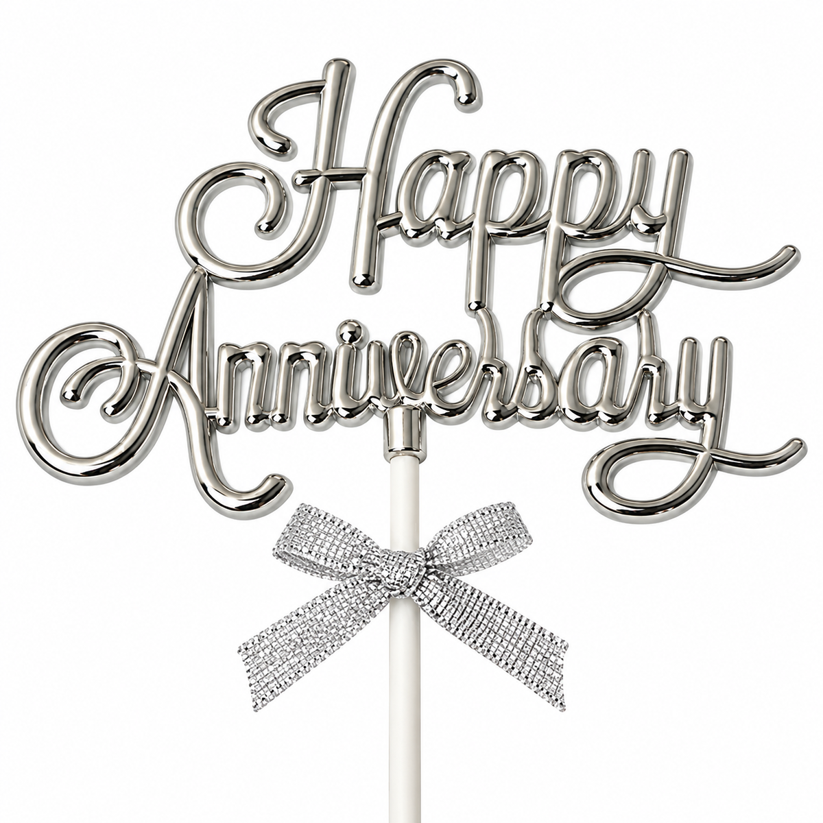 Silver metallic 'Happy Anniversary' cake topper with a rhinestone-embellished bow on a white stick, shown on a plain white background.