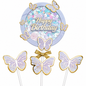 A set of pastel purple and lavender butterfly-themed birthday cake toppers on white sticks, including a round 'Happy Birthday' confetti stand and three butterfly toppers with gold trim.