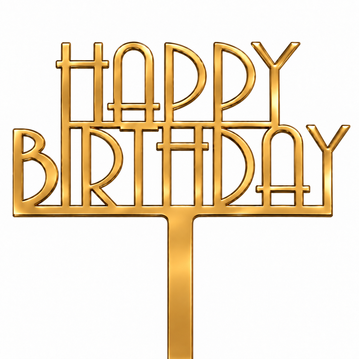 A gold-colored metal 'HAPPY BIRTHDAY' cake topper with a single stem, shown on a plain white background.