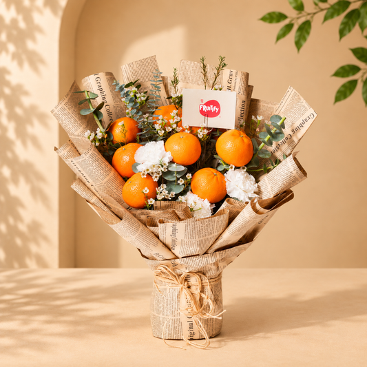 A decorative bouquet made from oranges wrapped in newspaper-style paper, with white flowers, greenery, and a small card that reads 'Party'. The arrangement is tied with twine and set on a beige surface against a warm beige background with soft shadows.