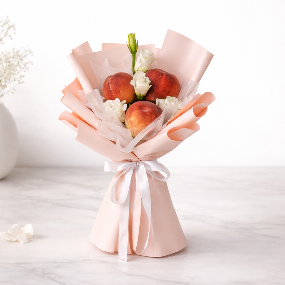 Fresh peach and white rose fruit bouquet for gift delivery in Dubai