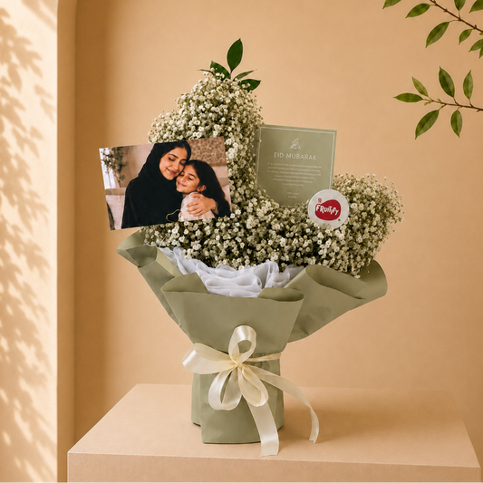 Customized Eid bouquet Dubai, personalized flower bouquet UAE, Eid Mubarak bouquet Dubai, luxury Eid gifts UAE, baby breath bouquet Dubai, customized floral gifts Dubai, same day flower delivery Dubai, premium Eid bouquet UAE, personalized Eid flowers, FruitifyAE Dubai gifts