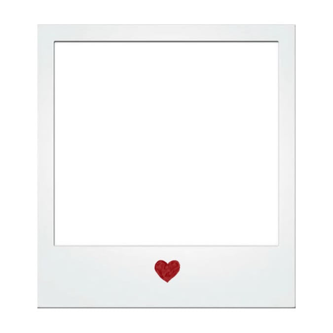 A white Polaroid-style photo frame with a small red heart printed at the bottom center, shown on a plain white background.