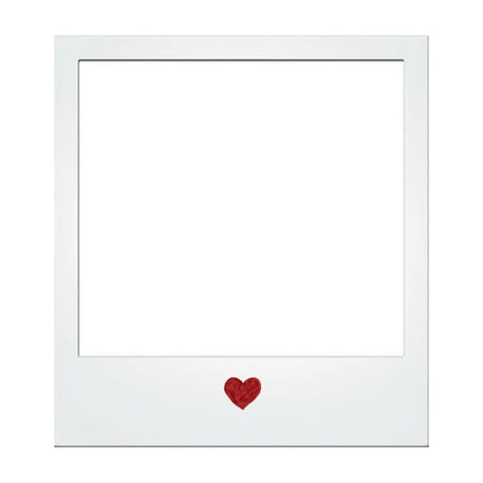 A white Polaroid-style photo frame with a small red heart printed at the bottom center, shown on a plain white background.