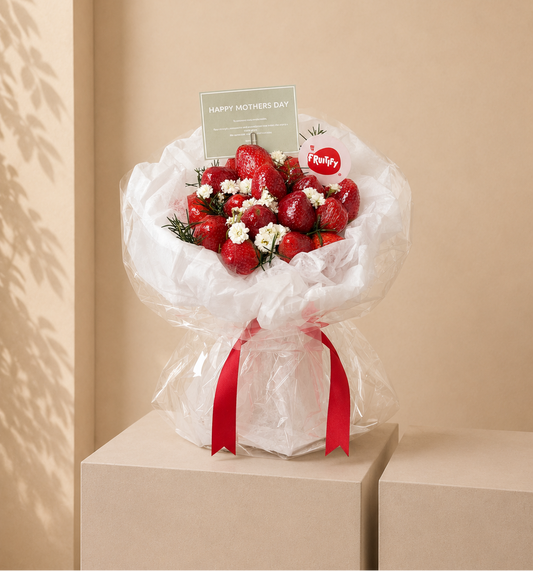 Strawberry Kiss Bouquet with fresh strawberries, delicate flowers, premium wrapping and custom gift card for gifting in Dubai by Fruitify.