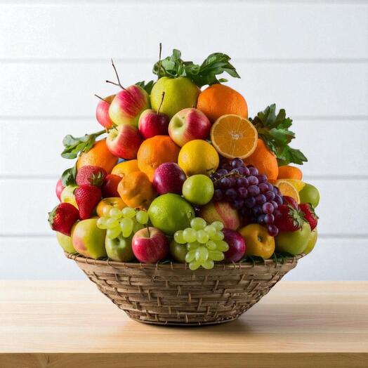 Assorted fruits in a woven basket on a wooden surface with a white background
